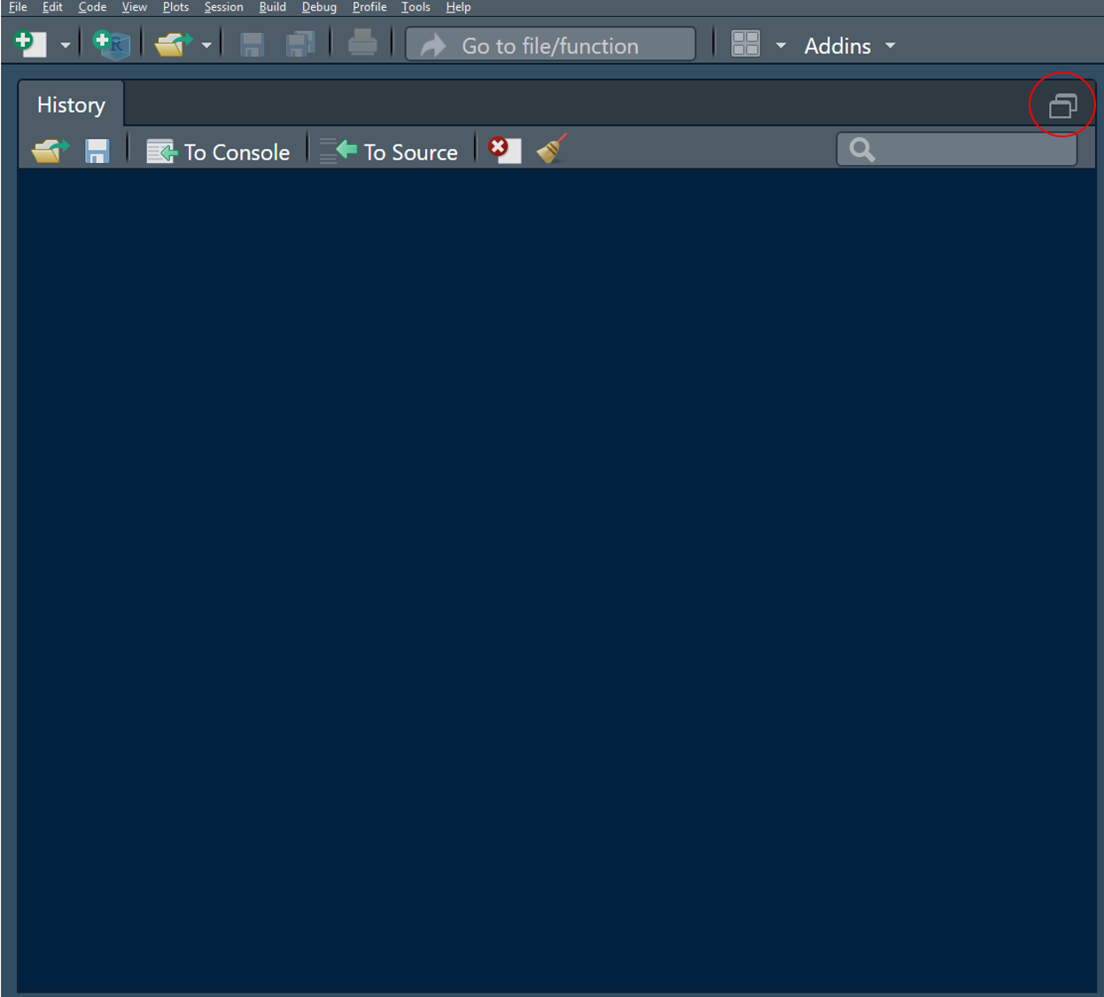 **Click this one (once and then the one to the left of it once it shrunk halfway) to hide the History pane at the bottom and even open a new *untitled* script automatically.**